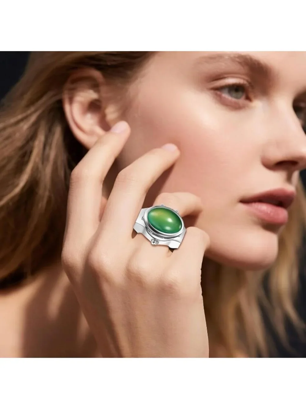 Unisex Silver And Green Analog Elastic Band Stainless Steel Stretchy Ring Watch